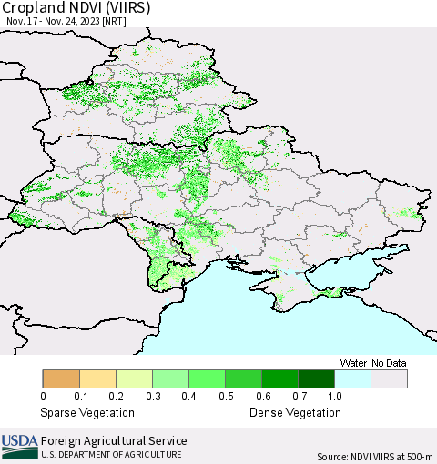 Ukraine, Moldova and Belarus Cropland NDVI (VIIRS) Thematic Map For 11/21/2023 - 11/30/2023