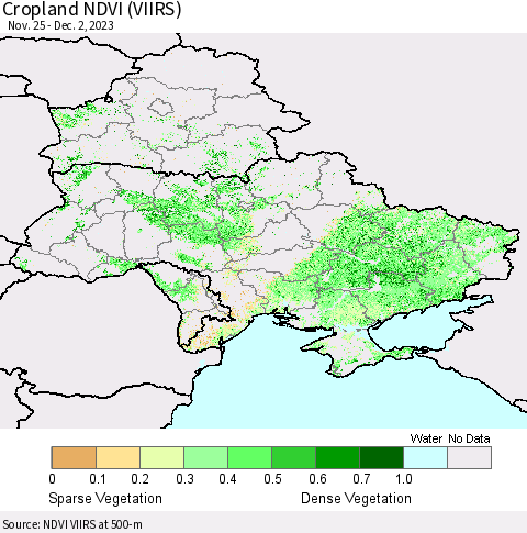 Ukraine, Moldova and Belarus Cropland NDVI (VIIRS) Thematic Map For 11/25/2023 - 12/2/2023
