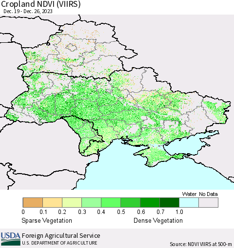 Ukraine, Moldova and Belarus Cropland NDVI (VIIRS) Thematic Map For 12/21/2023 - 12/31/2023