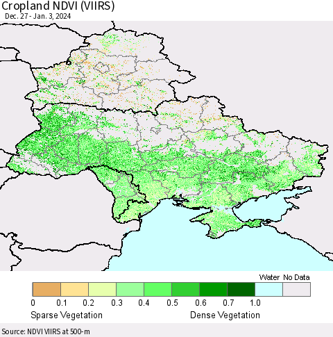 Ukraine, Moldova and Belarus Cropland NDVI (VIIRS) Thematic Map For 12/27/2023 - 1/3/2024