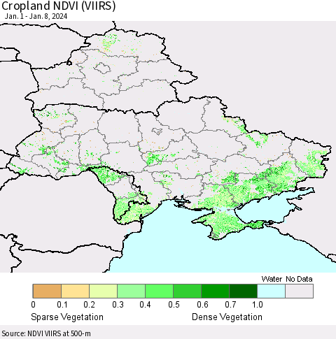 Ukraine, Moldova and Belarus Cropland NDVI (VIIRS) Thematic Map For 1/1/2024 - 1/8/2024