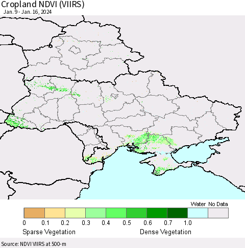 Ukraine, Moldova and Belarus Cropland NDVI (VIIRS) Thematic Map For 1/9/2024 - 1/16/2024