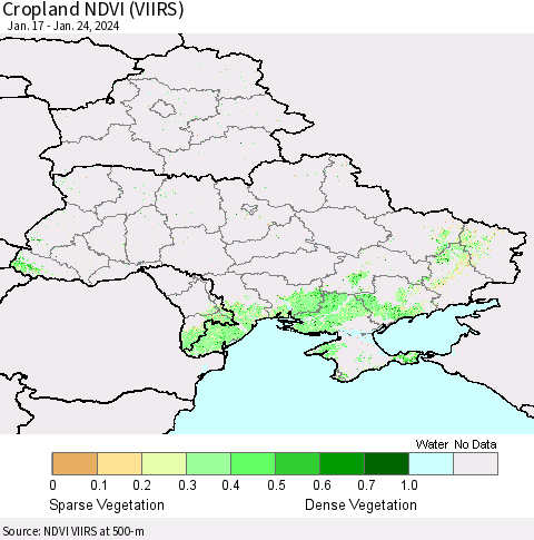Ukraine, Moldova and Belarus Cropland NDVI (VIIRS) Thematic Map For 1/17/2024 - 1/24/2024