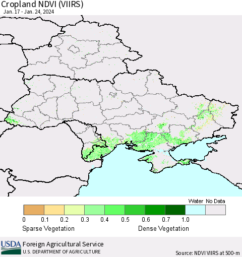 Ukraine, Moldova and Belarus Cropland NDVI (VIIRS) Thematic Map For 1/21/2024 - 1/31/2024