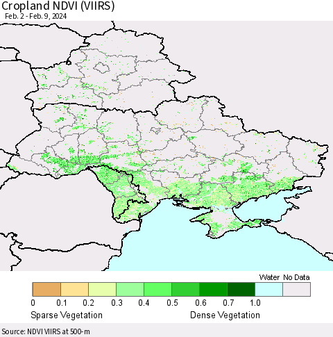 Ukraine, Moldova and Belarus Cropland NDVI (VIIRS) Thematic Map For 2/2/2024 - 2/9/2024