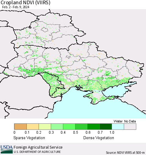 Ukraine, Moldova and Belarus Cropland NDVI (VIIRS) Thematic Map For 2/1/2024 - 2/10/2024