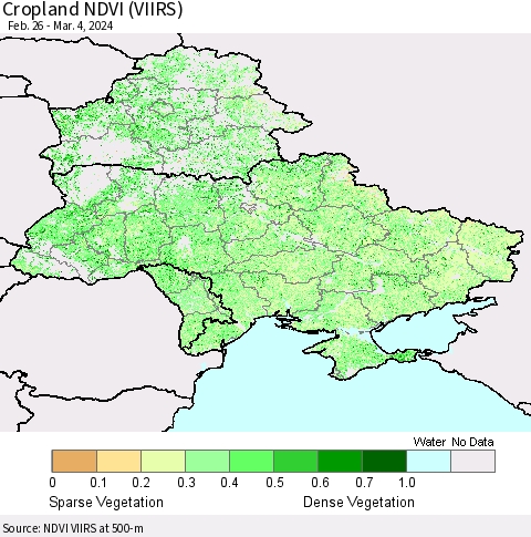 Ukraine, Moldova and Belarus Cropland NDVI (VIIRS) Thematic Map For 2/26/2024 - 3/4/2024