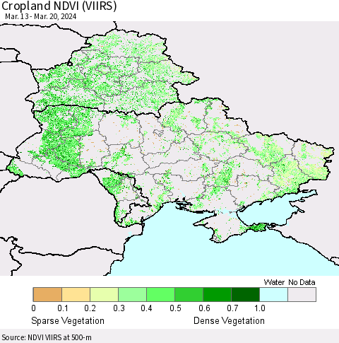 Ukraine, Moldova and Belarus Cropland NDVI (VIIRS) Thematic Map For 3/13/2024 - 3/20/2024