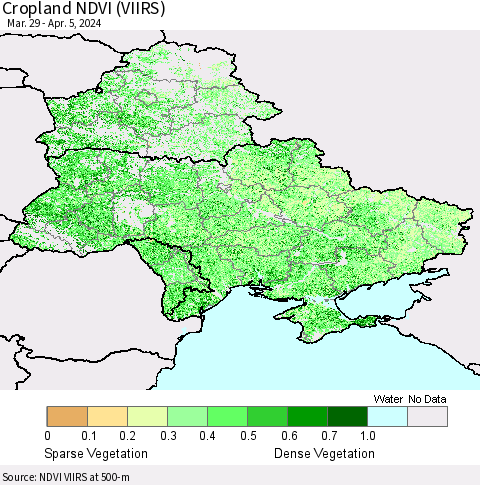 Ukraine, Moldova and Belarus Cropland NDVI (VIIRS) Thematic Map For 3/29/2024 - 4/5/2024