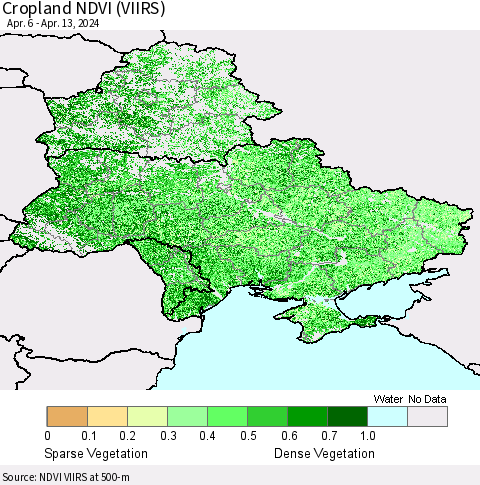 Ukraine, Moldova and Belarus Cropland NDVI (VIIRS) Thematic Map For 4/6/2024 - 4/13/2024