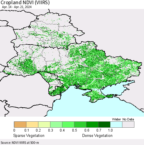 Ukraine, Moldova and Belarus Cropland NDVI (VIIRS) Thematic Map For 4/14/2024 - 4/21/2024