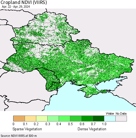 Ukraine, Moldova and Belarus Cropland NDVI (VIIRS) Thematic Map For 4/22/2024 - 4/29/2024