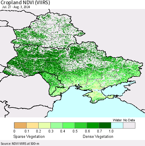 Ukraine, Moldova and Belarus Cropland NDVI (VIIRS) Thematic Map For 7/27/2024 - 8/3/2024