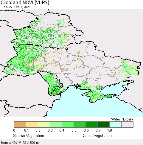 Ukraine, Moldova and Belarus Cropland NDVI (VIIRS) Thematic Map For 1/25/2025 - 2/1/2025