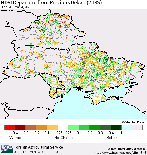 Ukraine, Moldova and Belarus NDVI Departure from Previous Dekad (VIIRS) Thematic Map For 3/1/2020 - 3/10/2020