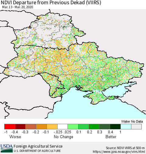 Ukraine, Moldova and Belarus NDVI Departure from Previous Dekad (VIIRS) Thematic Map For 3/11/2020 - 3/20/2020