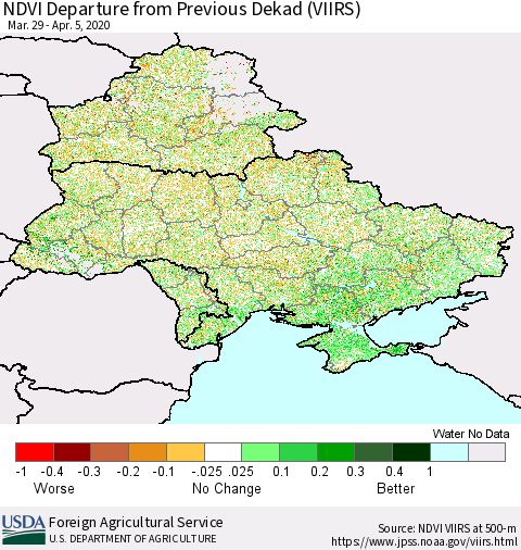 Ukraine, Moldova and Belarus NDVI Departure from Previous Dekad (VIIRS) Thematic Map For 4/1/2020 - 4/10/2020