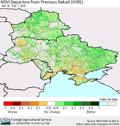 Ukraine, Moldova and Belarus NDVI Departure from Previous Dekad (VIIRS) Thematic Map For 5/1/2020 - 5/10/2020