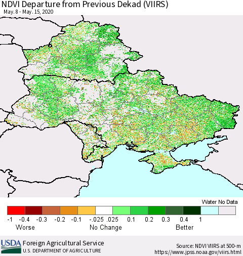 Ukraine, Moldova and Belarus NDVI Departure from Previous Dekad (VIIRS) Thematic Map For 5/11/2020 - 5/20/2020
