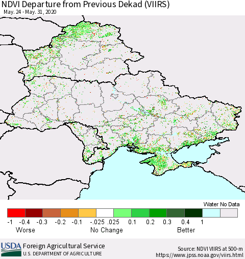 Ukraine, Moldova and Belarus NDVI Departure from Previous Dekad (VIIRS) Thematic Map For 5/21/2020 - 5/31/2020