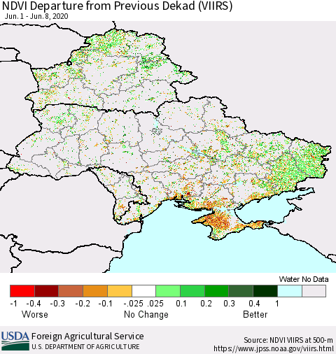 Ukraine, Moldova and Belarus NDVI Departure from Previous Dekad (VIIRS) Thematic Map For 6/1/2020 - 6/10/2020