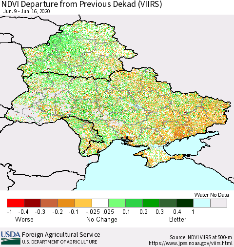 Ukraine, Moldova and Belarus NDVI Departure from Previous Dekad (VIIRS) Thematic Map For 6/11/2020 - 6/20/2020