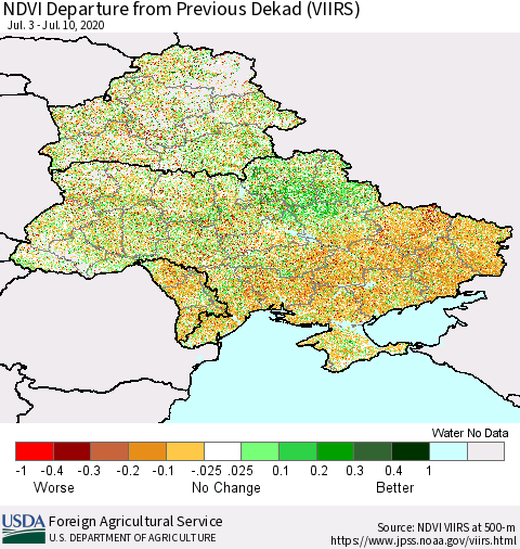 Ukraine, Moldova and Belarus NDVI Departure from Previous Dekad (VIIRS) Thematic Map For 7/1/2020 - 7/10/2020