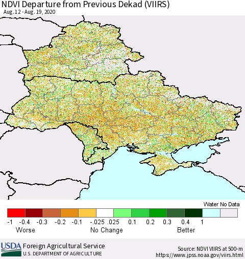 Ukraine, Moldova and Belarus NDVI Departure from Previous Dekad (VIIRS) Thematic Map For 8/11/2020 - 8/20/2020