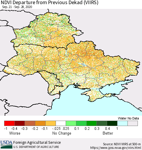 Ukraine, Moldova and Belarus NDVI Departure from Previous Dekad (VIIRS) Thematic Map For 9/21/2020 - 9/30/2020