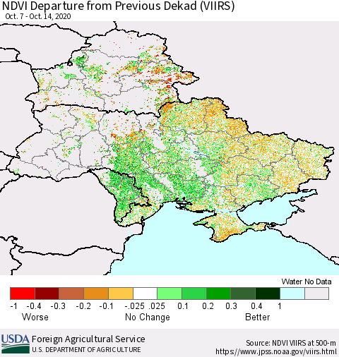 Ukraine, Moldova and Belarus NDVI Departure from Previous Dekad (VIIRS) Thematic Map For 10/11/2020 - 10/20/2020