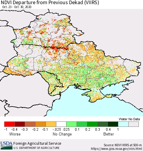 Ukraine, Moldova and Belarus NDVI Departure from Previous Dekad (VIIRS) Thematic Map For 10/21/2020 - 10/31/2020