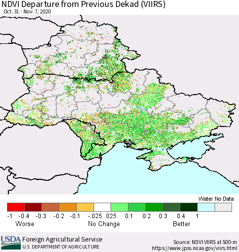 Ukraine, Moldova and Belarus NDVI Departure from Previous Dekad (VIIRS) Thematic Map For 11/1/2020 - 11/10/2020