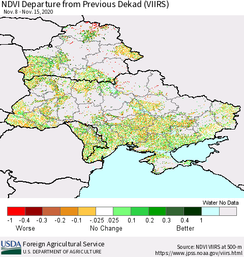 Ukraine, Moldova and Belarus NDVI Departure from Previous Dekad (VIIRS) Thematic Map For 11/11/2020 - 11/20/2020