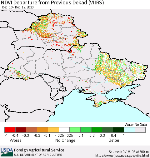 Ukraine, Moldova and Belarus NDVI Departure from Previous Dekad (VIIRS) Thematic Map For 12/11/2020 - 12/20/2020