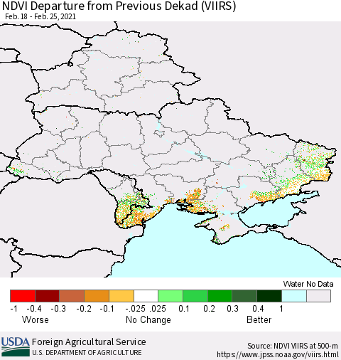 Ukraine, Moldova and Belarus NDVI Departure from Previous Dekad (VIIRS) Thematic Map For 2/21/2021 - 2/28/2021