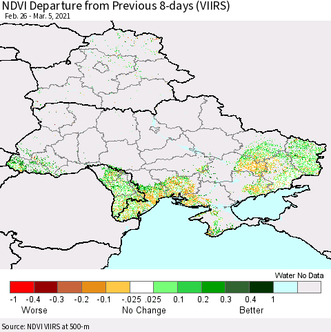 Ukraine, Moldova and Belarus NDVI Departure from Previous 8-days (VIIRS) Thematic Map For 2/26/2021 - 3/5/2021