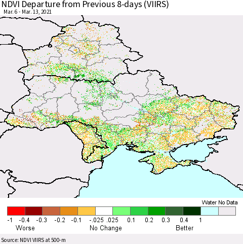 Ukraine, Moldova and Belarus NDVI Departure from Previous 8-days (VIIRS) Thematic Map For 3/6/2021 - 3/13/2021