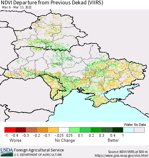Ukraine, Moldova and Belarus NDVI Departure from Previous Dekad (VIIRS) Thematic Map For 3/11/2021 - 3/20/2021