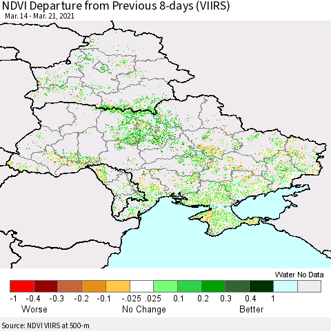 Ukraine, Moldova and Belarus NDVI Departure from Previous 8-days (VIIRS) Thematic Map For 3/14/2021 - 3/21/2021
