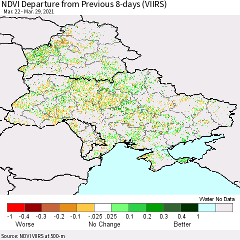 Ukraine, Moldova and Belarus NDVI Departure from Previous 8-days (VIIRS) Thematic Map For 3/22/2021 - 3/29/2021