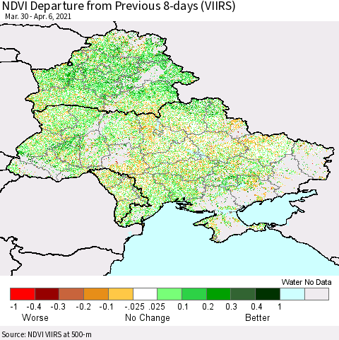 Ukraine, Moldova and Belarus NDVI Departure from Previous 8-days (VIIRS) Thematic Map For 3/30/2021 - 4/6/2021