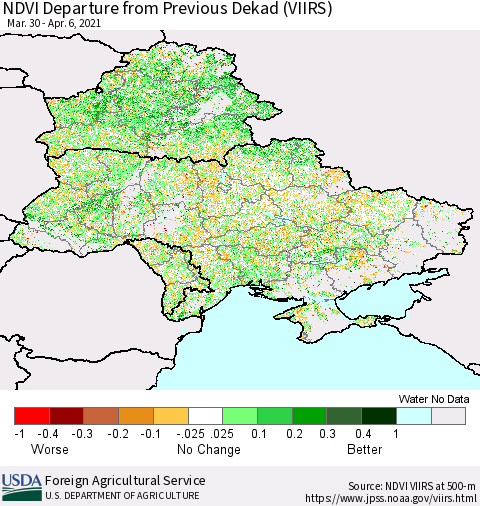 Ukraine, Moldova and Belarus NDVI Departure from Previous Dekad (VIIRS) Thematic Map For 4/1/2021 - 4/10/2021
