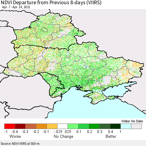 Ukraine, Moldova and Belarus NDVI Departure from Previous 8-days (VIIRS) Thematic Map For 4/7/2021 - 4/14/2021