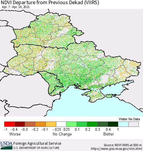 Ukraine, Moldova and Belarus NDVI Departure from Previous Dekad (VIIRS) Thematic Map For 4/11/2021 - 4/20/2021