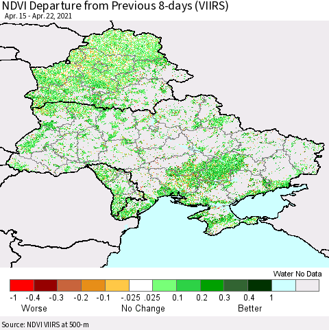 Ukraine, Moldova and Belarus NDVI Departure from Previous 8-days (VIIRS) Thematic Map For 4/15/2021 - 4/22/2021
