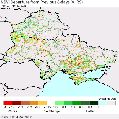 Ukraine, Moldova and Belarus NDVI Departure from Previous Dekad (VIIRS) Thematic Map For 4/21/2021 - 4/30/2021