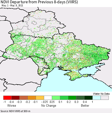 Ukraine, Moldova and Belarus NDVI Departure from Previous 8-days (VIIRS) Thematic Map For 5/1/2021 - 5/8/2021