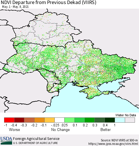 Ukraine, Moldova and Belarus NDVI Departure from Previous Dekad (VIIRS) Thematic Map For 5/1/2021 - 5/10/2021