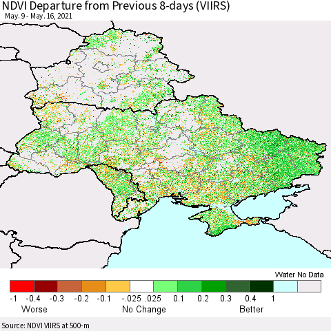 Ukraine, Moldova and Belarus NDVI Departure from Previous 8-days (VIIRS) Thematic Map For 5/9/2021 - 5/16/2021