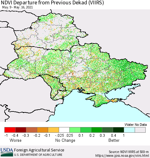 Ukraine, Moldova and Belarus NDVI Departure from Previous Dekad (VIIRS) Thematic Map For 5/11/2021 - 5/20/2021